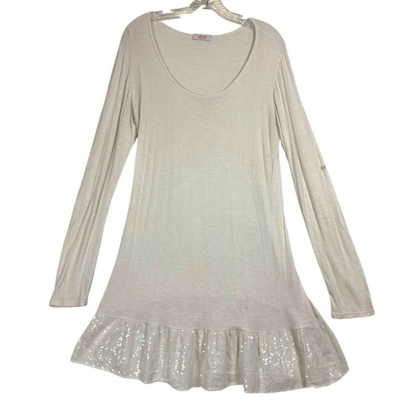 Tops - Scandal Made in Italy Cream Long Sleeve Top Sequin‎ Ruffle Hem Lagenlook Size M